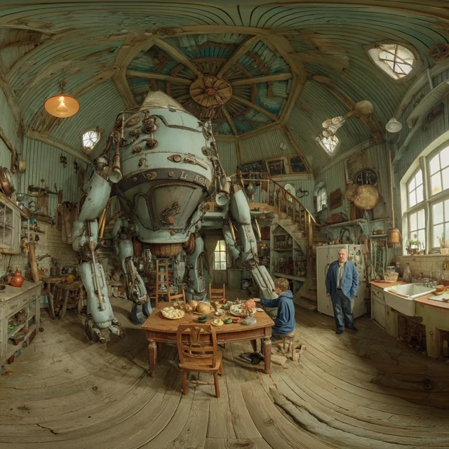 Steampunk Battle Bot Inventor and Son Inspection