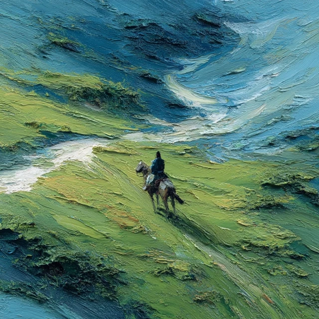 Medieval Landscape: Man on Horse by River Oil Painting