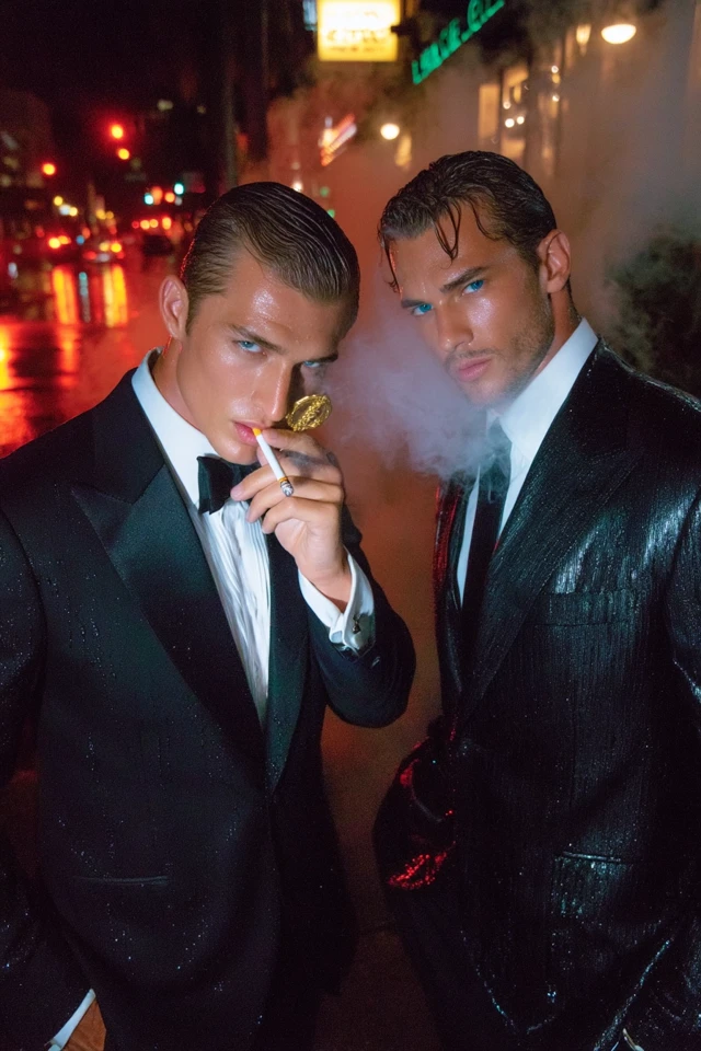 Stylish Men in Black Suits - Night Rain