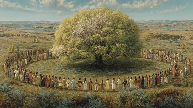 Prairie Scene A Circle of People Around a Giant Tree