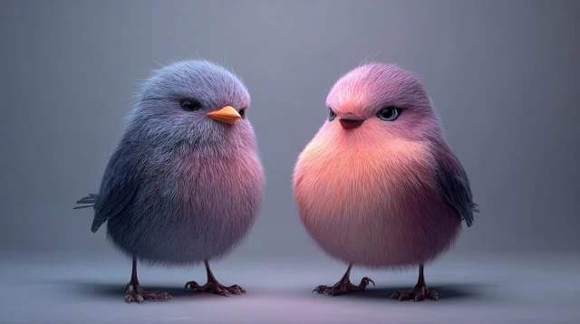 Fluffy Birds 3D Render with Contrasting Lighting