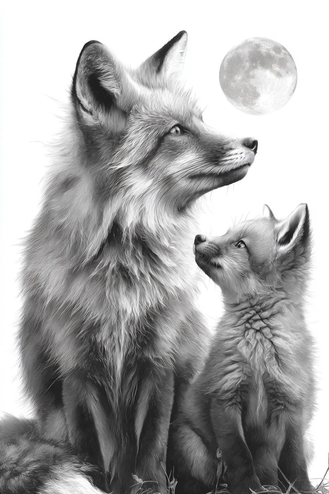 Fox Family Staring at the Moon Art