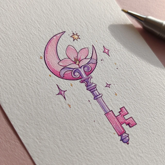 Cute Magical Key Moon Flower Cartoon Tattoo Design