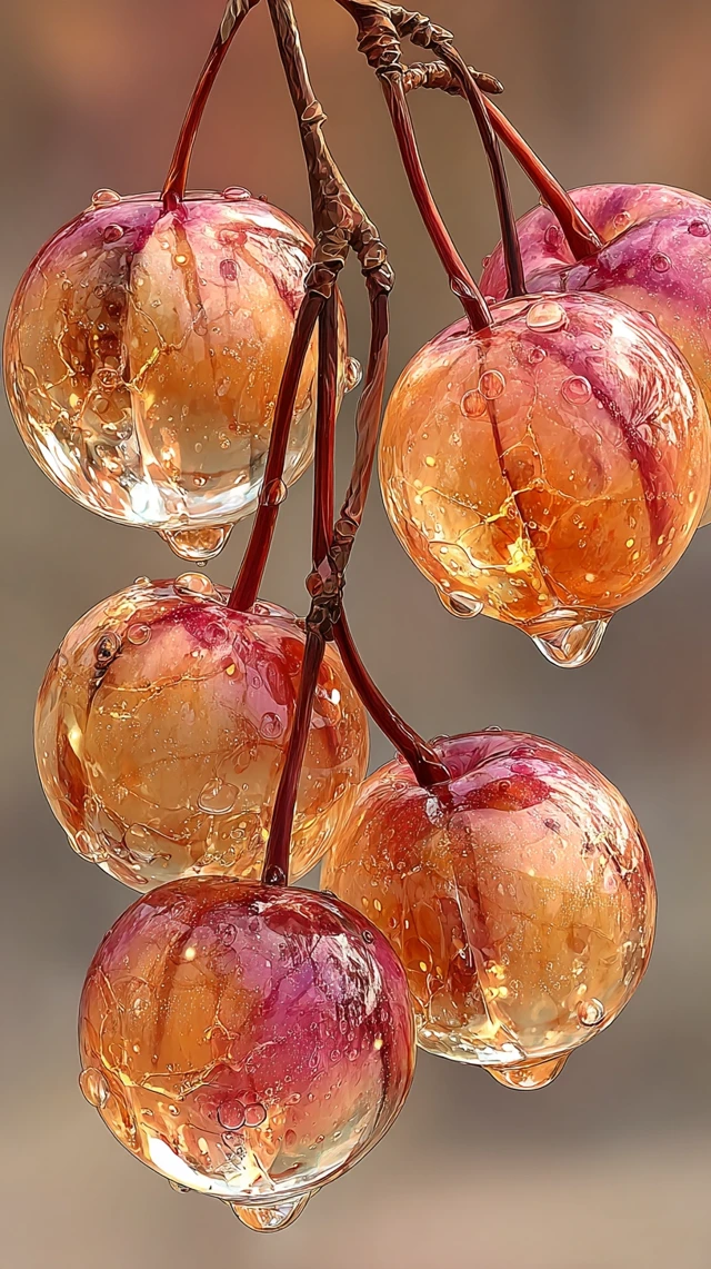 Glass Peaches Macro Shot: Dewdrops, Refraction, Sunlight