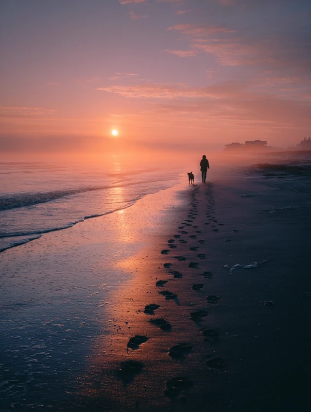 Sunrise Beach Walk Woman Dog Footprints Canon R5