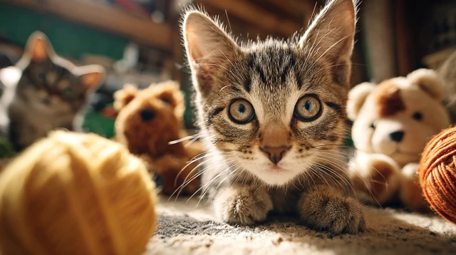 Cute Kitten Playing with Yarn Warm Sunlight