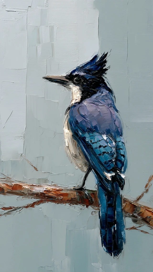 Impasto Painting of a Blue Jay on a Branch