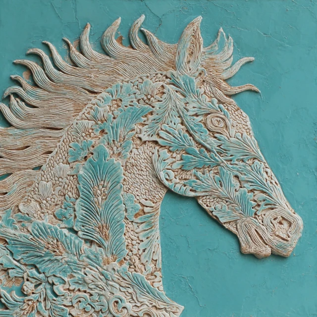 Ceramic Horse Relief Turquoise Glaze Chinese Art