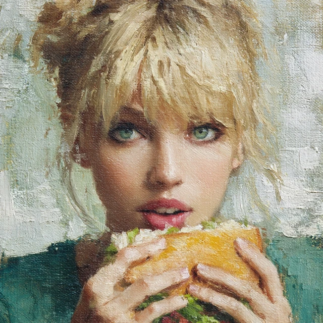 Blonde Girl Eating Hoagie Oil Painting