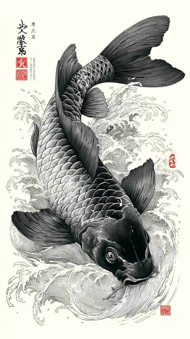 Japanese Koi Fish In Waves Linocut Art