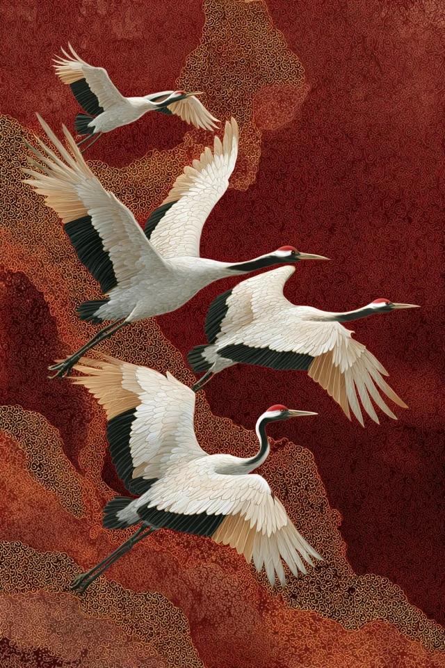 Red Crowned Cranes in Flight Chinese Art