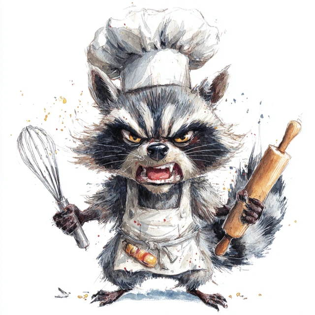 Angry Chef Raccoon Watercolor Illustration