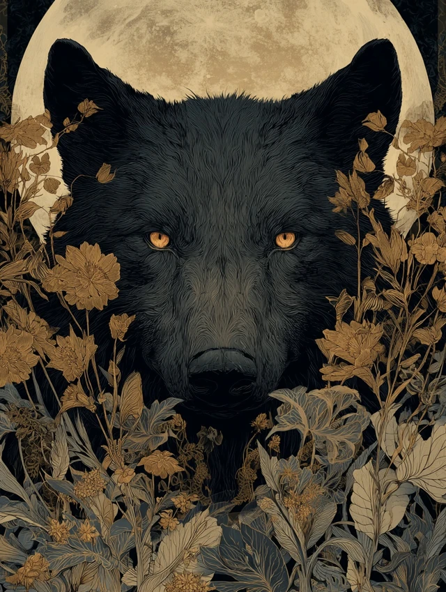 Mystical Wolf with Golden Eyes and Floral Design