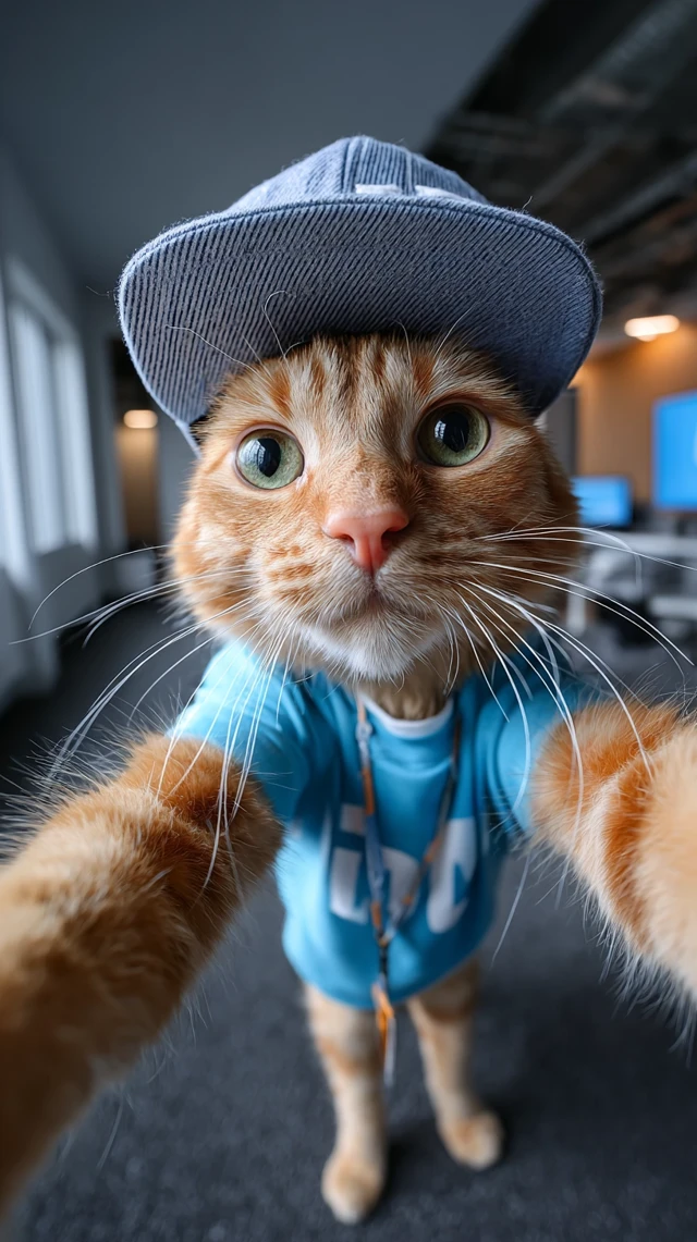 Cool Cat Taking Selfie in IT Office