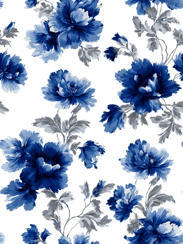 Victorian Floral Pattern Blue and White Wallpaper Design