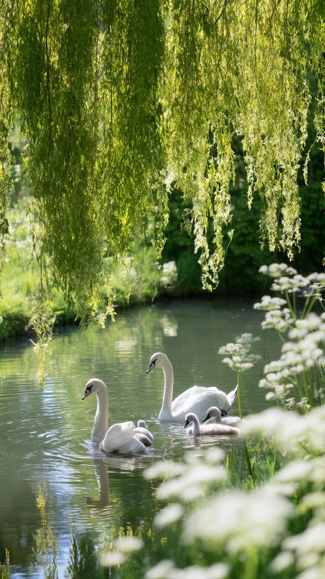 Swans and Cygnets on a Pond Nature Photography