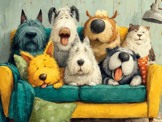 Funny and Cute Dogs on a Cozy Couch - Whimsical Cartoon
