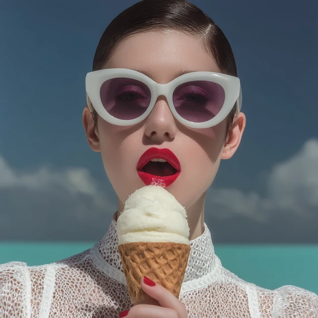 Glamorous Woman with Ice Cream, Sunglasses, and Bright Sunlight