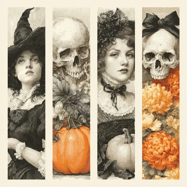 Halloween Watercolor Collage Witch Skull Bats Pumpkin