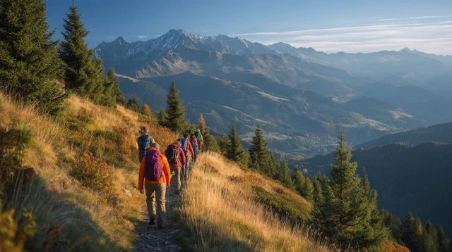 Hikers on Mountain Trail Scenic Landscape Adventure