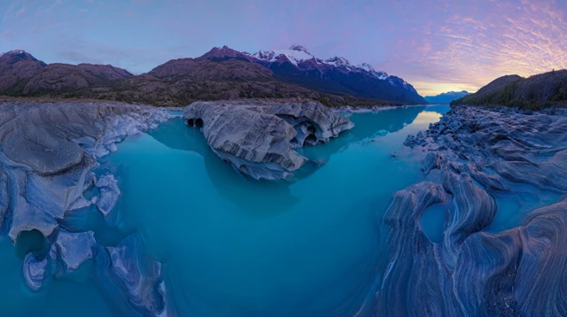 Patagonia Marble Caves Drone View Turquoise Water Blue Hour