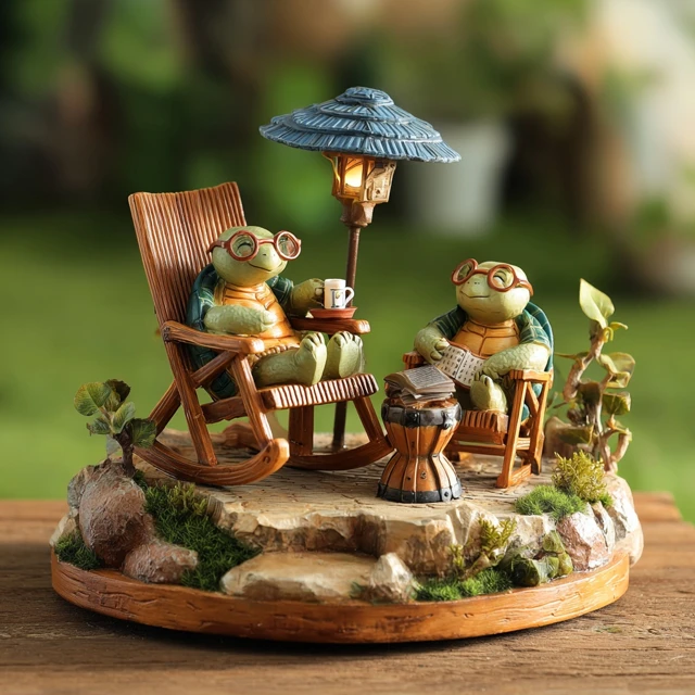 Solar Turtle Garden Statue Relaxing with Coffee