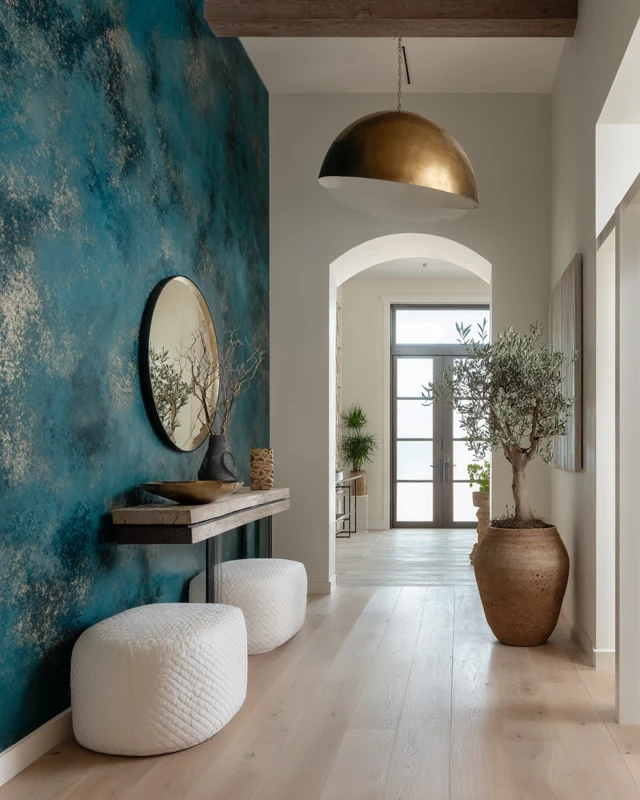 Elegant Foyer Design with Venetian Stucco and Oak Wood