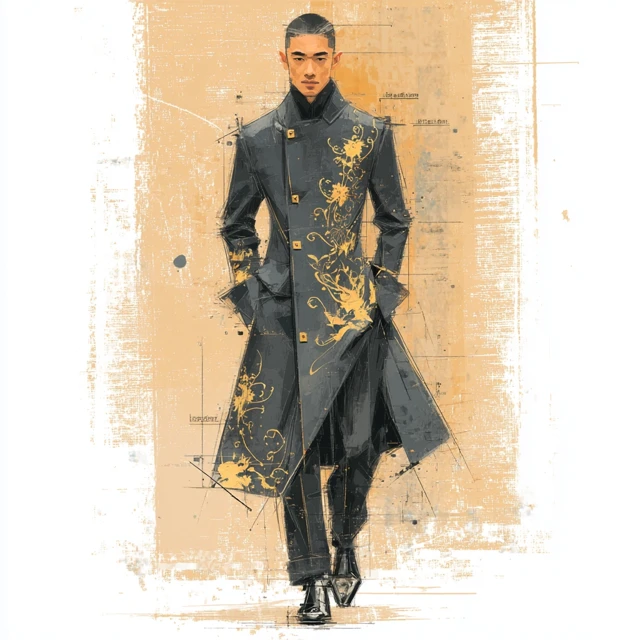 High Fashion Illustration: East Asian Model in Navy Coat
