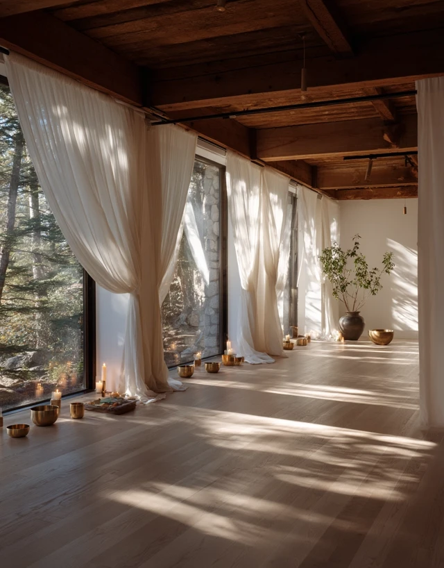 Yoga Studio Interior Sunlight Candles Forest