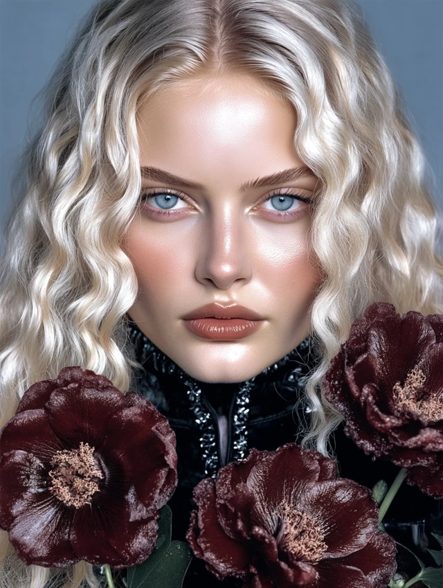 Fashion Model with Blonde Hair and Red Flowers