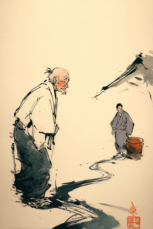 Japanese Sumi e Ink Painting Rural Scene