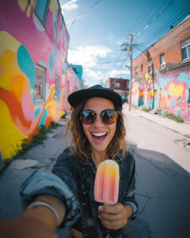 Woman with Popsicle Smiling in Front of Graffiti