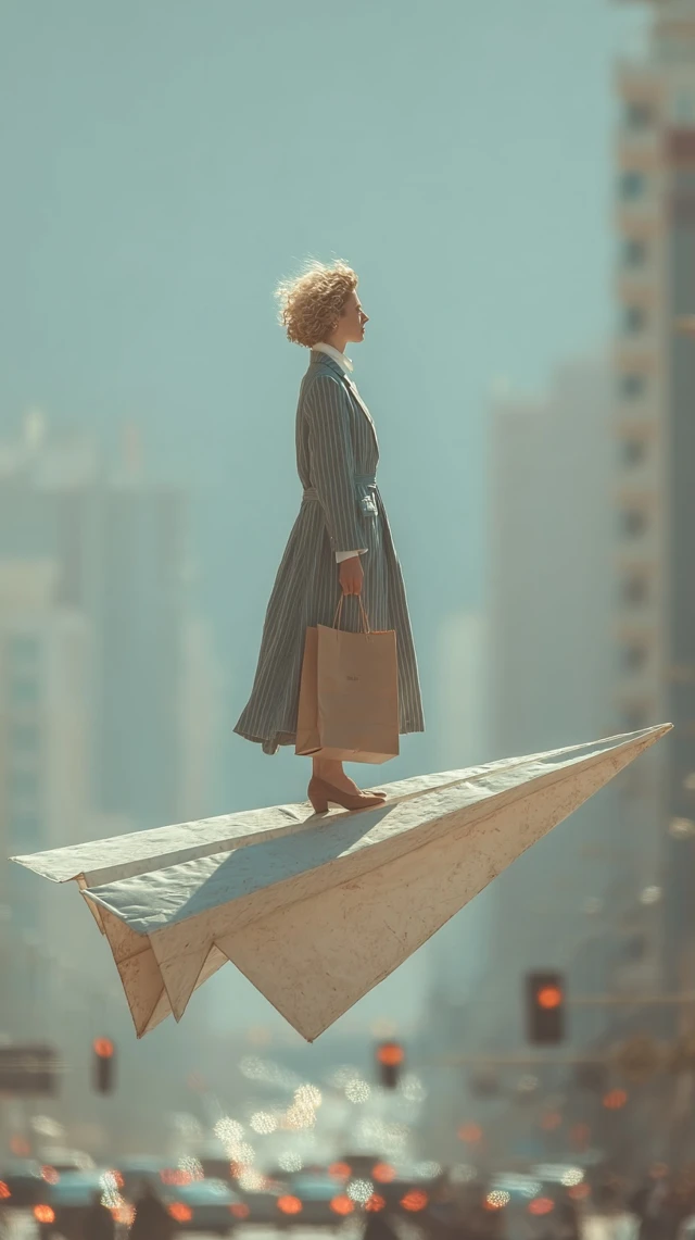 Woman on Paper Airplane Above City