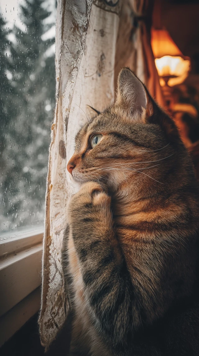 Contemplative Cat by Window Rainy Day