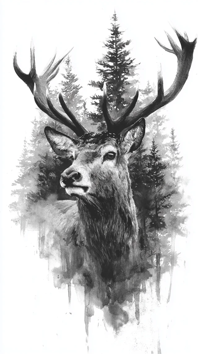 Stunning Stag Head Black and White Ink Wash Art