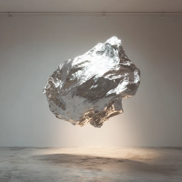 Floating Metallic Blob in Gallery Space Hyper Realistic Photo