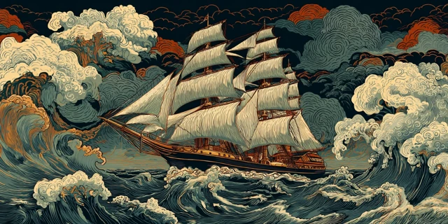 Tall Ship in Stormy Sea Illustration
