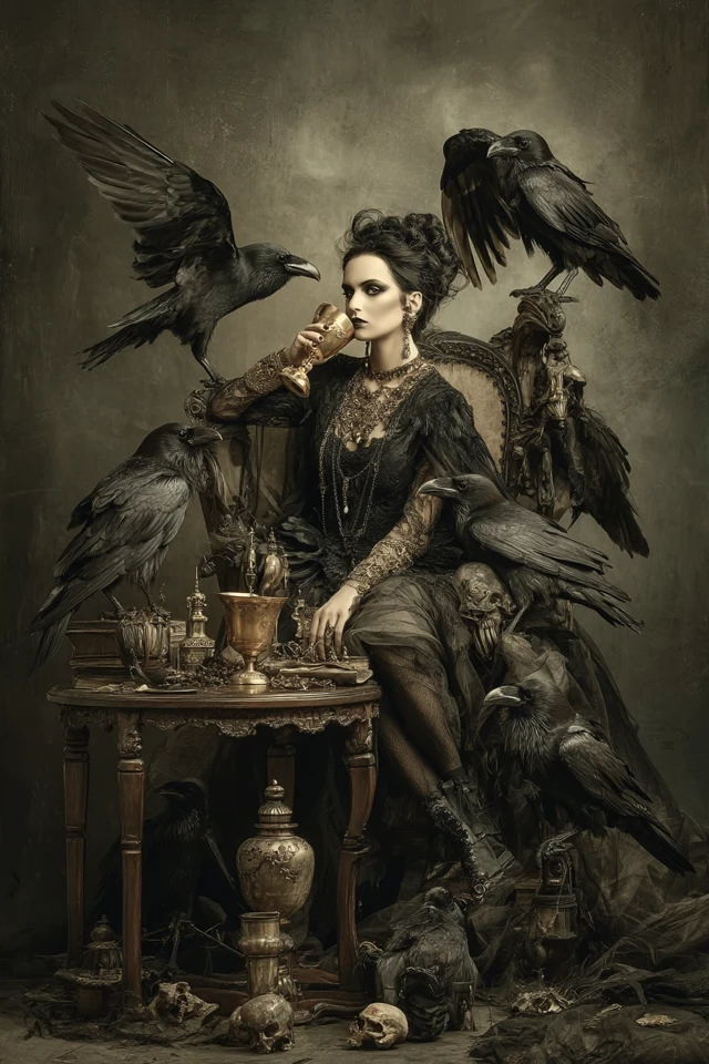 Queen of Ravens listening to advisors and sipping