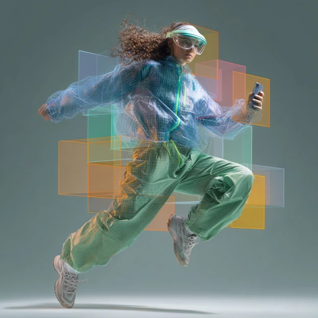 Sportswear Model Jumping with Phone 3D Pastel Background