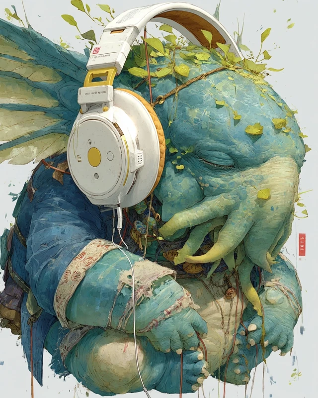 Cute Cthulhu with Headphones - Watercolor Art