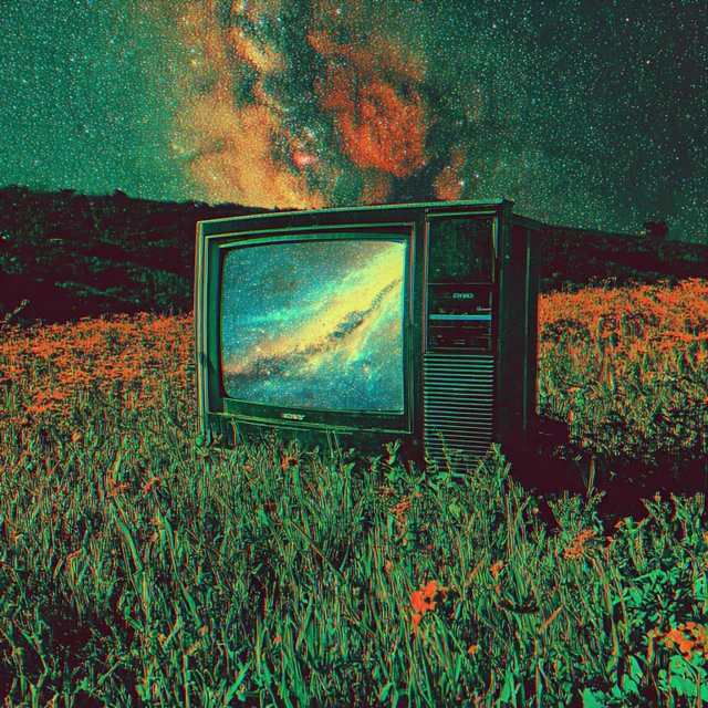Cosmic Galaxy TV on Meadow Landscape Illustration