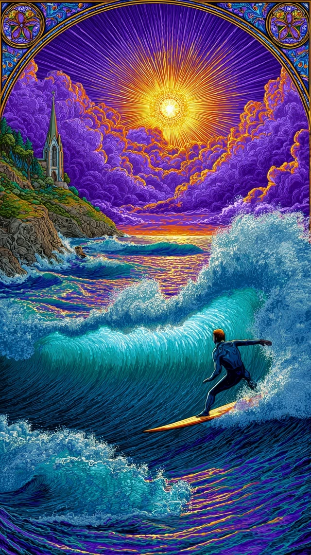 Surfer Riding Wave Art Nouveau Style