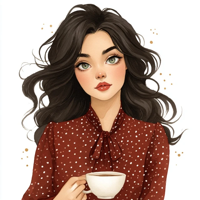 Watercolor Portrait of a European Girl with Coffee
