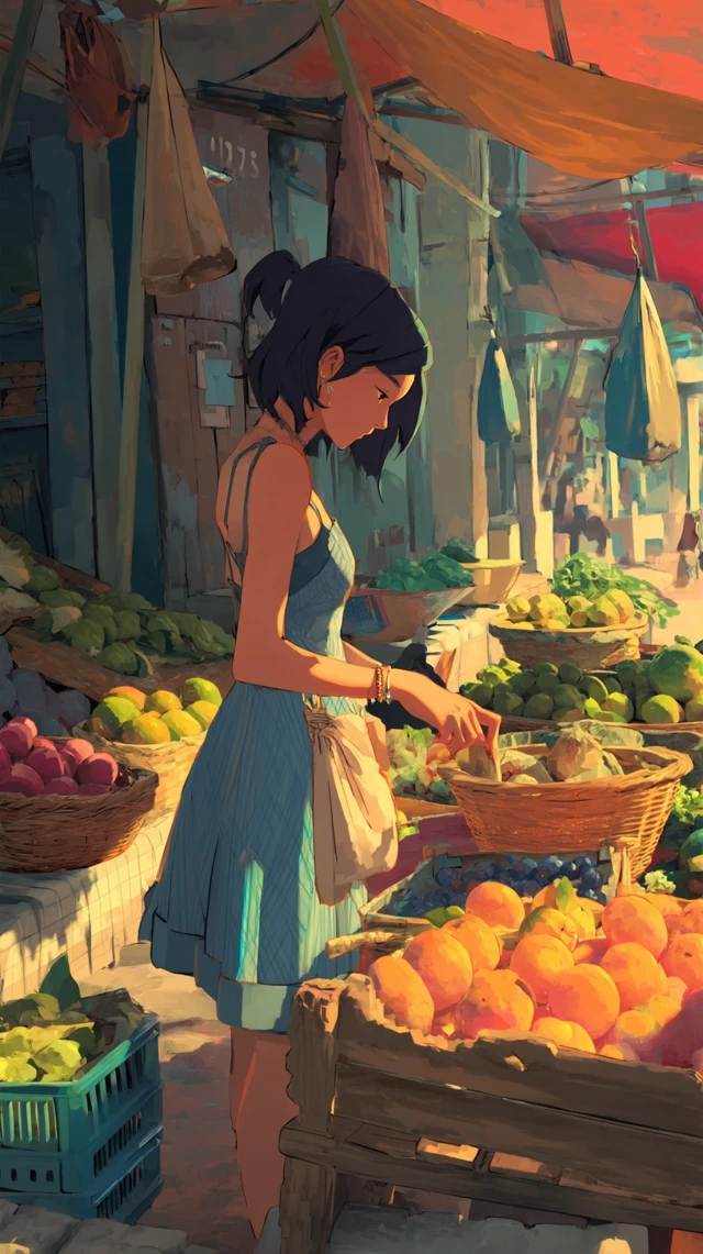 Girl at the Market Anime Illustration