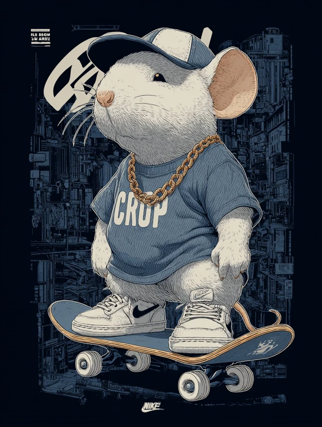 Retro Skateboarding Rat Mascot 1950s Comic Style