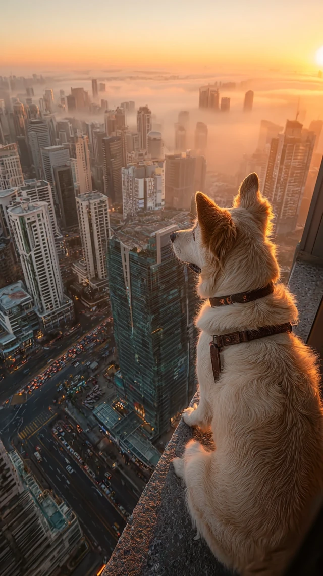 Golden Retriever Overlooks Modern City at Dawn