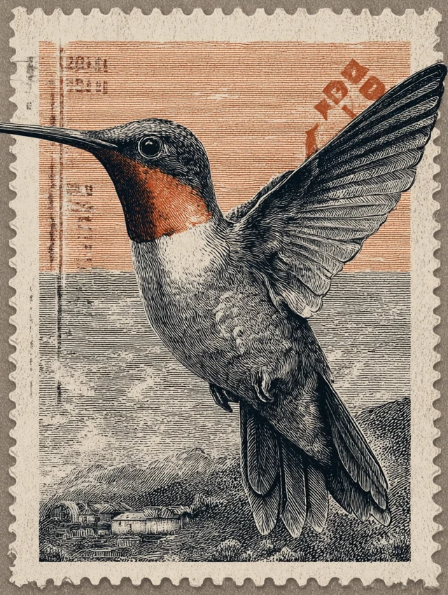Hummingbird Postage Stamp Art - Fine Line Engraving