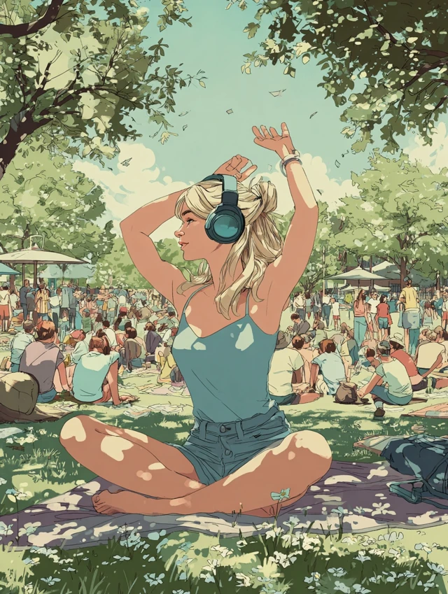 Girl Listening to Music in Park Illustration