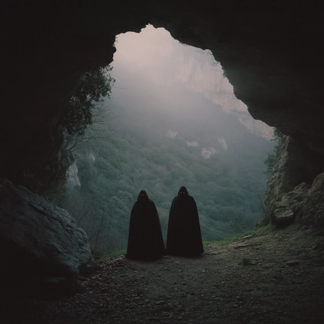 Eerie Silhouettes in Cloaks Red Eyes Canyon