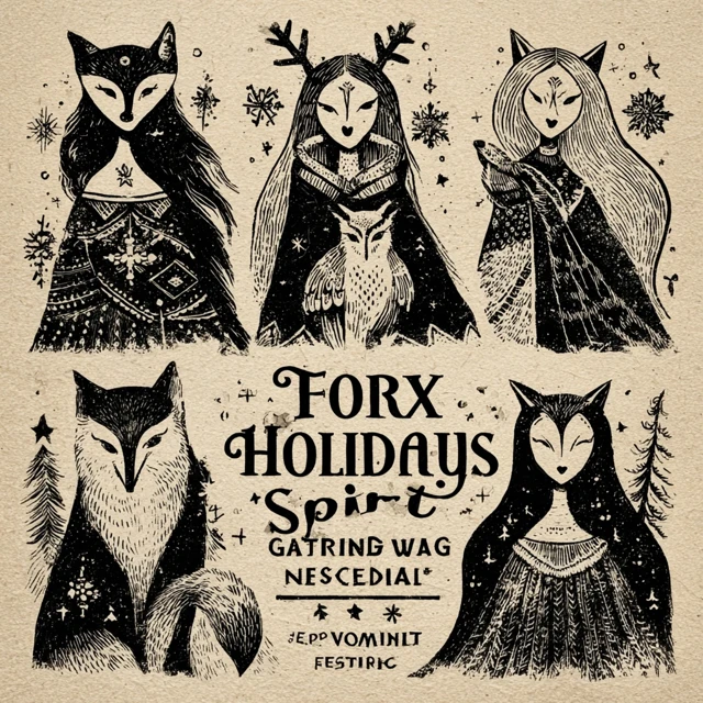 Fox Spirit Vintage Christmas Postcards Linocut Art